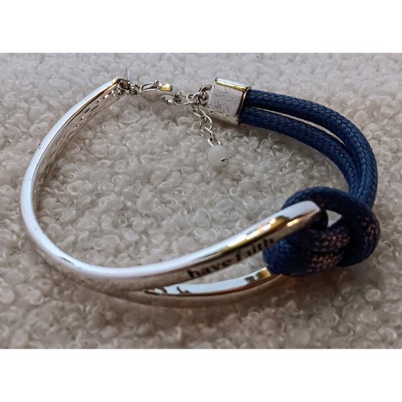 Avon Signed SAQ Silvertone & Blue Cord "Have Faith" Bracelet 6.5-7.5 in - Picture 11 of 14